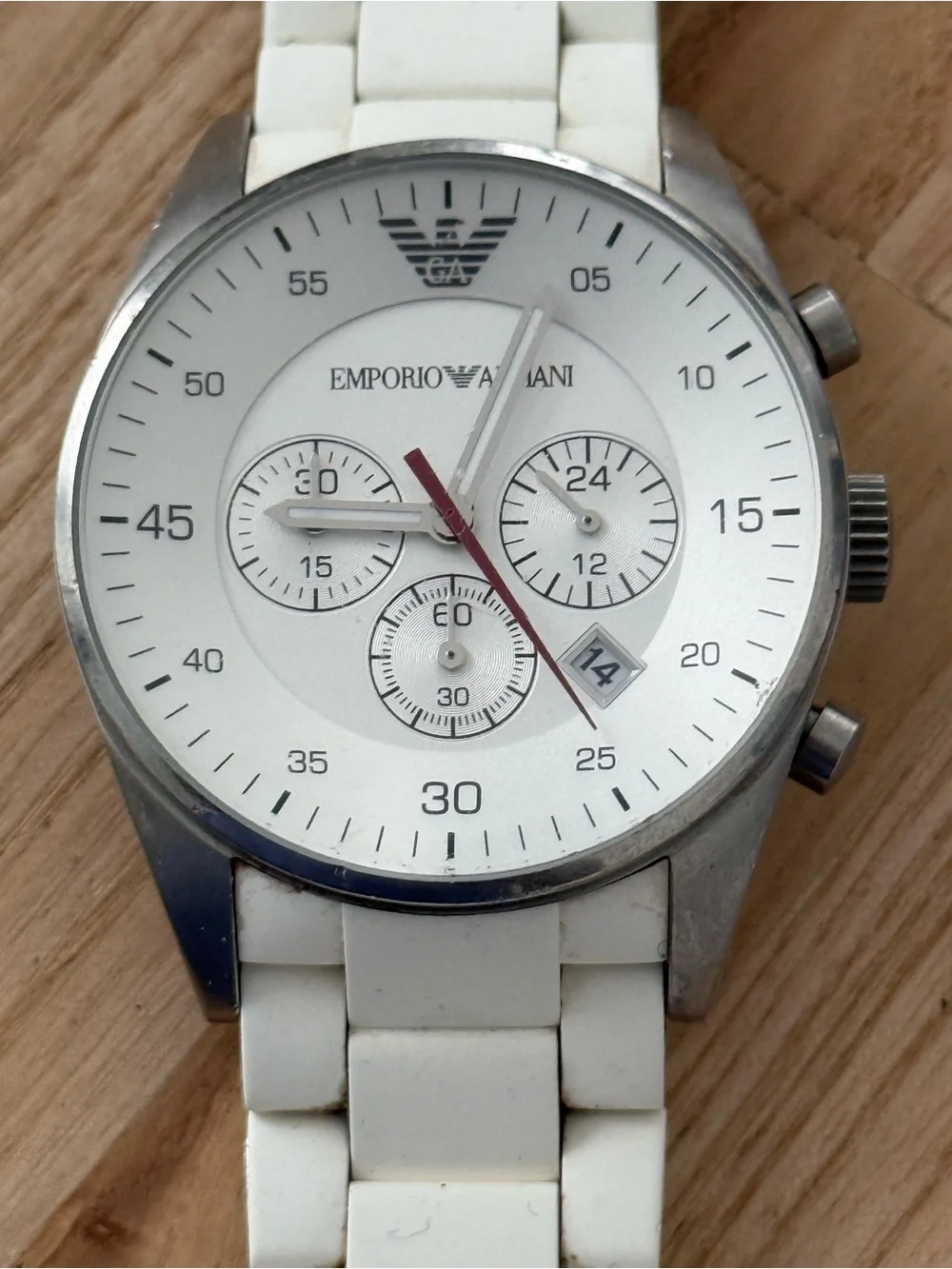 Emporio Armani Rare Chronograph Men’s Watch White Dial Silicone/Stainless Strap